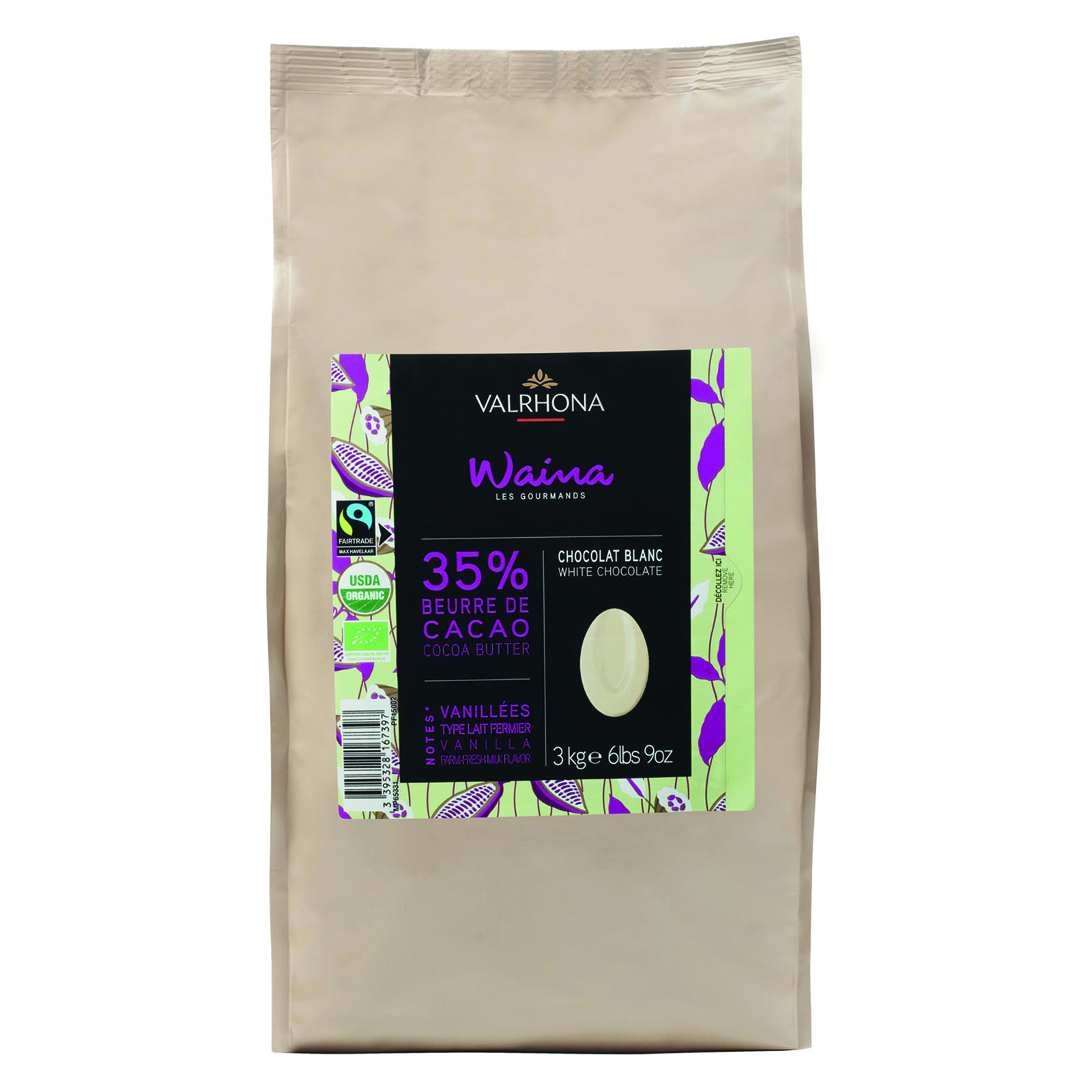 Valrhona - Waina 35% chocolat blanc de couverture bio Création Gourmande  fèves 3 kg