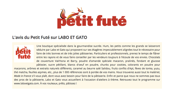On parle de nous ! Le petit futé, labo et gato, cours de cuisine, produits pâtisserie à Bordeaux et Toulouse